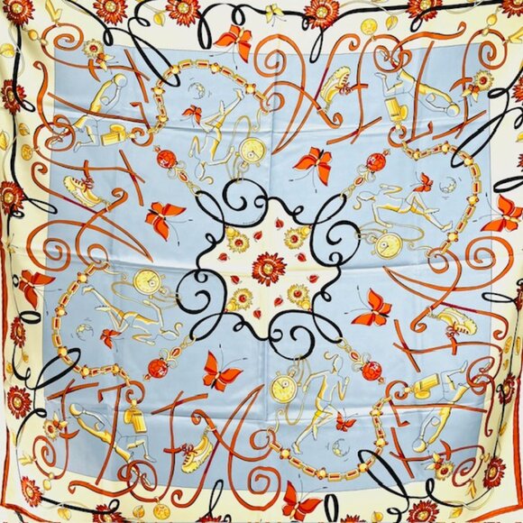 Unused-Scarf  PROJECT 100% silk satin, 34" x34 Art Designs blue ivery yellow (49 - Picture 5 of 9